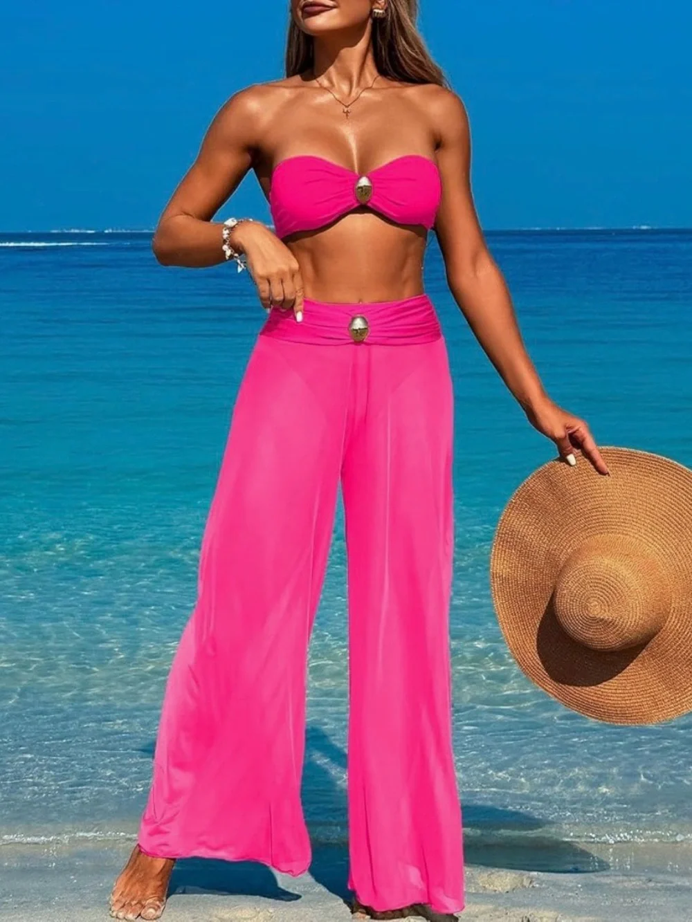 Hot Pink bikini and matching wide-leg pants set Size 4/6